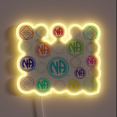 Colorful Narcotics Anonymous symbols and logos in vibrant neon display.