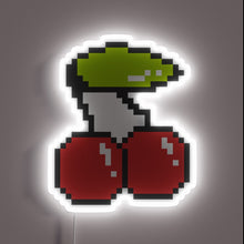 Load image into Gallery viewer, Pixelated 8-bit cherry with green stem and white neon glow.