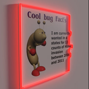 Vibrant neon bug design illuminates home decor with fun facts.