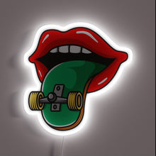 Load image into Gallery viewer, Neon sign featuring red lips with a green skateboard tongue — bold skater-style wall decor with unique glow effect.