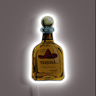 **Alt text:** *Neon tequila bottle with sombrero label and white glow.*