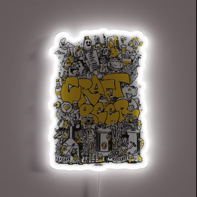 Colorful LED neon sign featuring brewing equipment in bright hues.