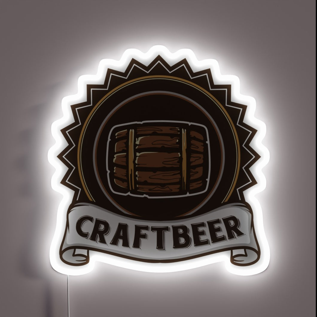Vibrant wooden barrel-inspired craft beer bar decor with neon accents