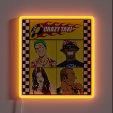 Load image into Gallery viewer, Crazy Taxi neon sign featuring all four drivers – bold retro video game wall art with checkerboard border, perfect for arcade rooms, Sega fans, or nostalgic gamers