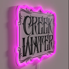 Load image into Gallery viewer, RGB neon whiskey sign with a rustic creek water design