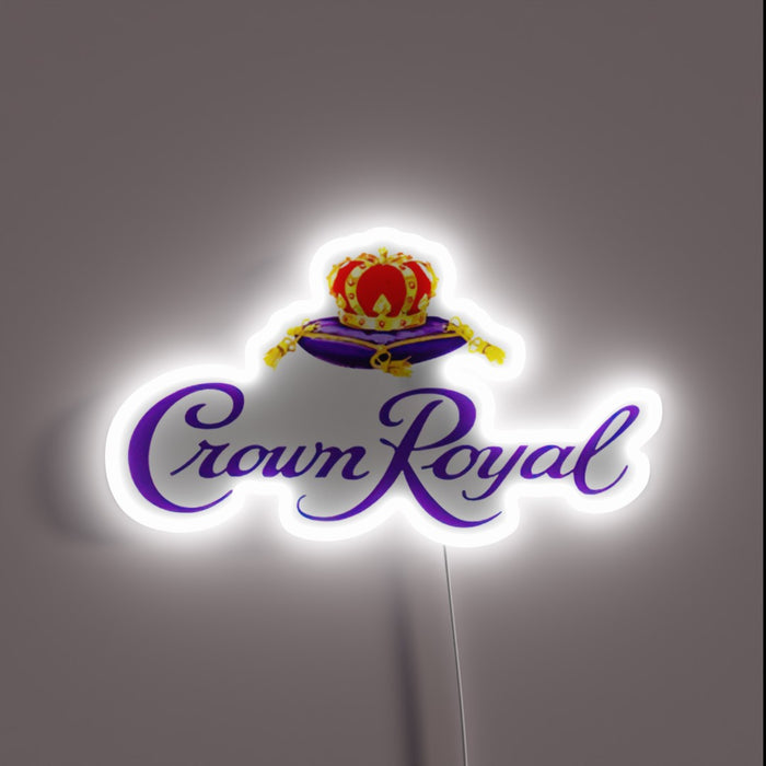 **Alt text:** *Crown Royal neon sign with crown and white glow.*