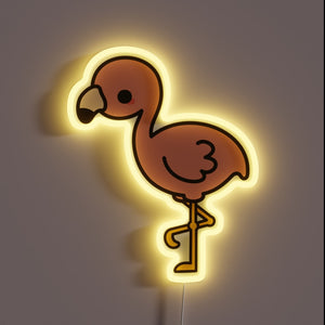 Cute cartoon-style flamingo standing on one leg with a glowing yellow neon outline.
