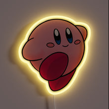 Load image into Gallery viewer, Pink cartoon character (Kirby) neon light with a soft yellow glow, featuring a cheerful expression and a raised red foot.