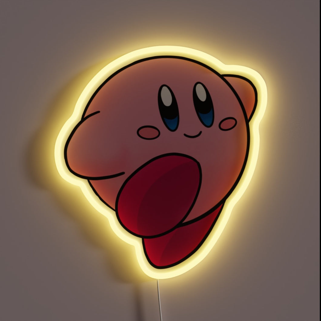Pink cartoon character (Kirby) neon light with a soft yellow glow, featuring a cheerful expression and a raised red foot.