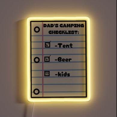 Colorful neon sign reading 'Dad's Camping Checklist' in bold letters