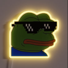 Load image into Gallery viewer, This neon sign features a stylized image of Pepe the Frog wearing pixelated “deal with it” sunglasses, surrounded by a soft yellow glow. It combines internet meme culture with retro neon aesthetics.
