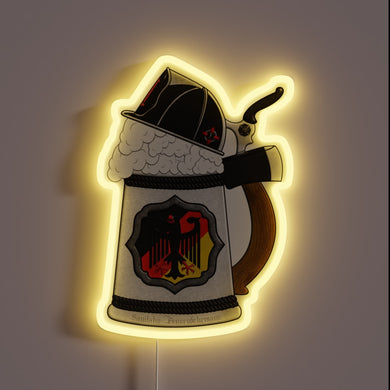 Neon firefighter medic beer stein sign with colorful LED illumination.