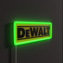 Load image into Gallery viewer, Dewalt Tool RGB neon sign, side view lit showing the depth of the acrylic sign