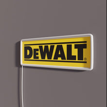 Load image into Gallery viewer, Dewalt Tool RGB neon sign, side view with lights off showing acrylic backing and LED tube