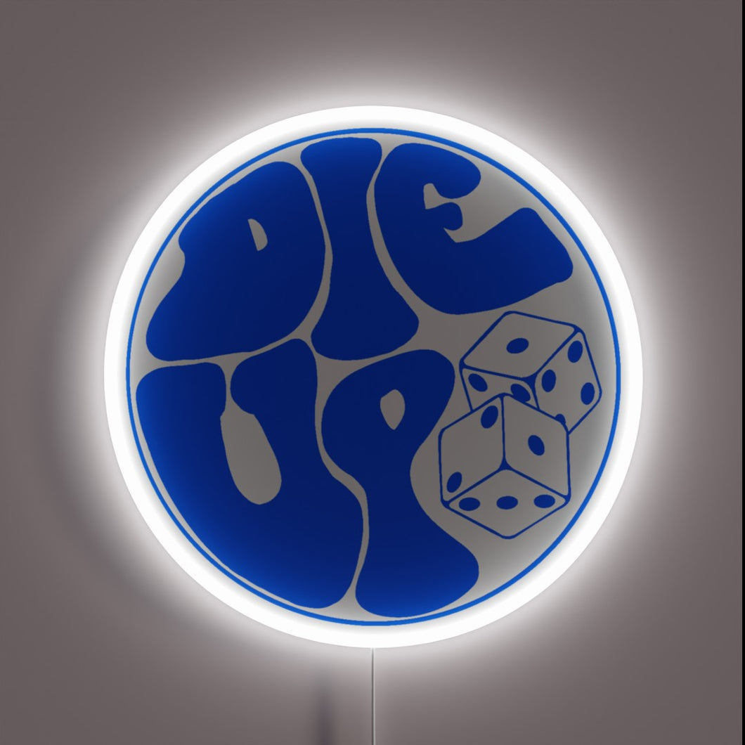 Electric blue glow of 'Die Up' written in bold script.