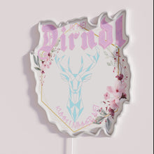 Load image into Gallery viewer, Vibrant pink dirndl neon sign with colorful RGB lighting accents