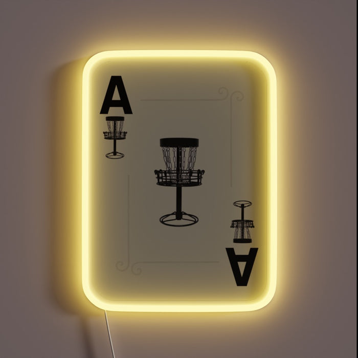 Disc golf-themed poker card night illuminated by colorful neon signage