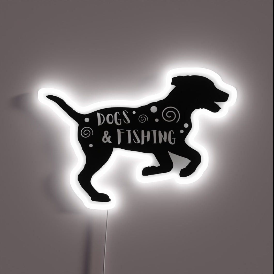 Colorful Neon Sign Featuring Dogs and Fishing Gear Illustrations.