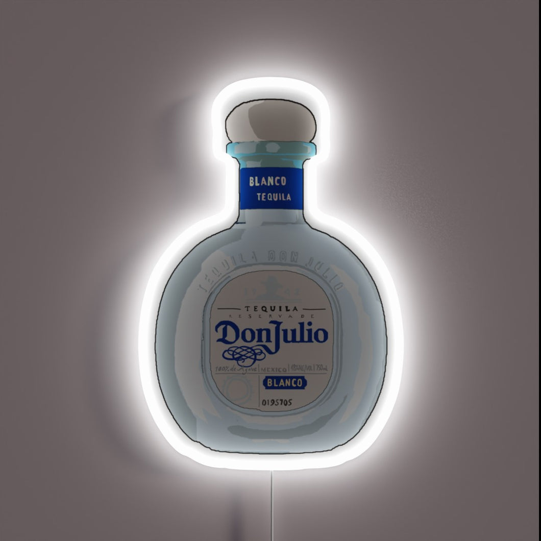 **Alt text:** *Don Julio tequila bottle neon sign with white glow.*
