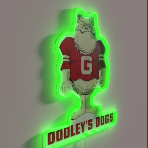 Neon Sign Featuring Dooley's Dogs Iconic Emblem in Georgia Colors
