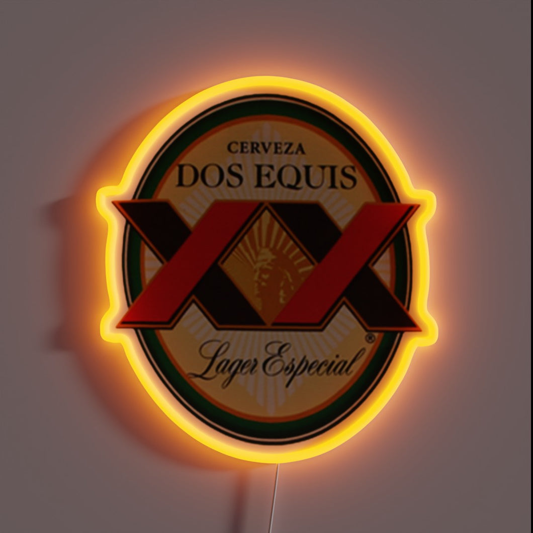 **Alt text:** *Dos Equis beer logo neon sign with glowing orange border.*