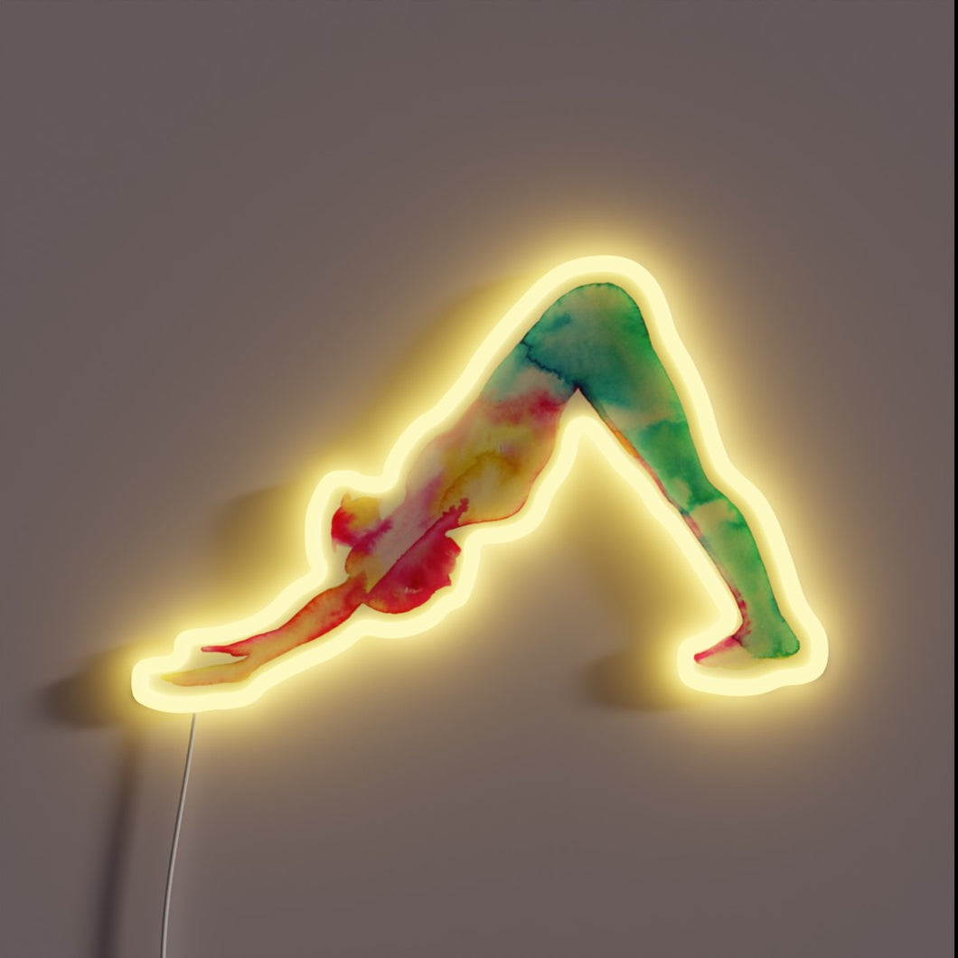 This neon sign features a silhouette of a person in the 