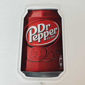 A vibrant Dr Pepper can neon sign glowing steadily, showcasing its iconic red and white design, ideal for adding a nostalgic touch to any space