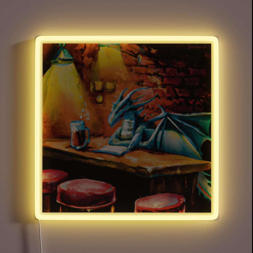 Electric dragon mascot invites patrons to the pub's vibrant nightlife