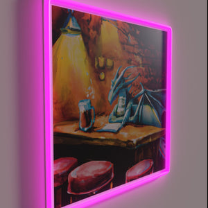 Colorful dragon silhouette glows brightly in modern pub decor ambiance.