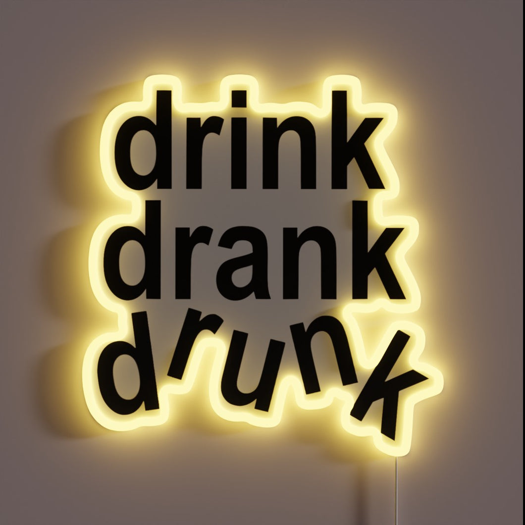 Customizable bar decor with colorful 'Drink' phrase in bold neon.