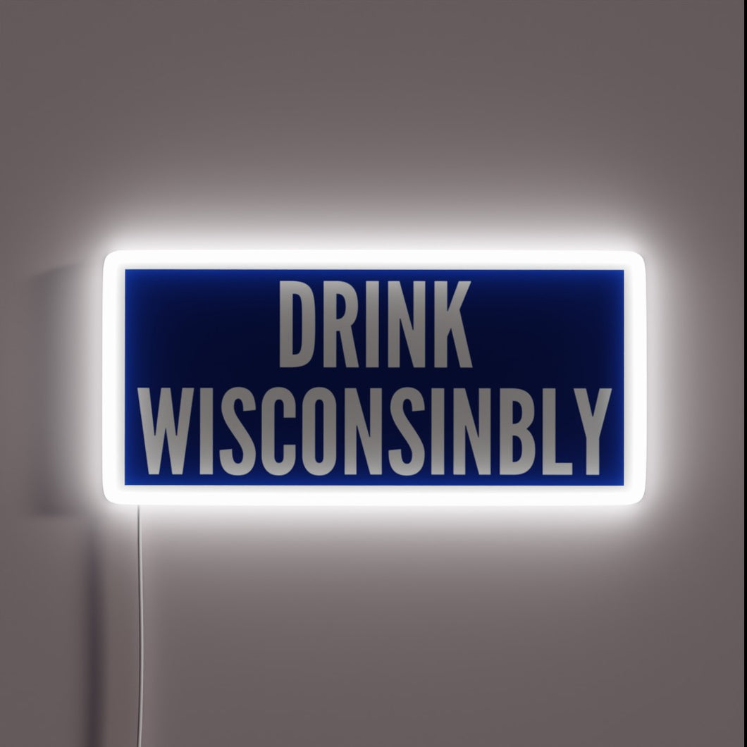 Vibrant neon drink-themed sign with bold, colorful Wisconsin pride branding.