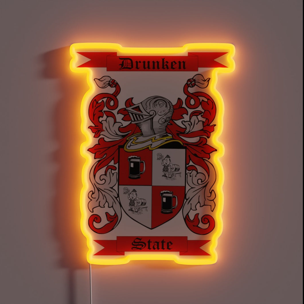 Retro-inspired neon sign featuring a coat of arms design.