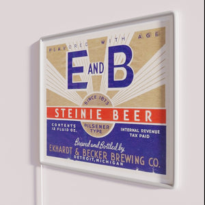 Vibrant RGB neon bar decor featuring iconic E&B Steinie Beer logo