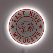 Load image into Gallery viewer, East High Wildcats neon sign – bold red and white High School Musical-inspired wall decor for fans, dorm rooms, or teen bedrooms