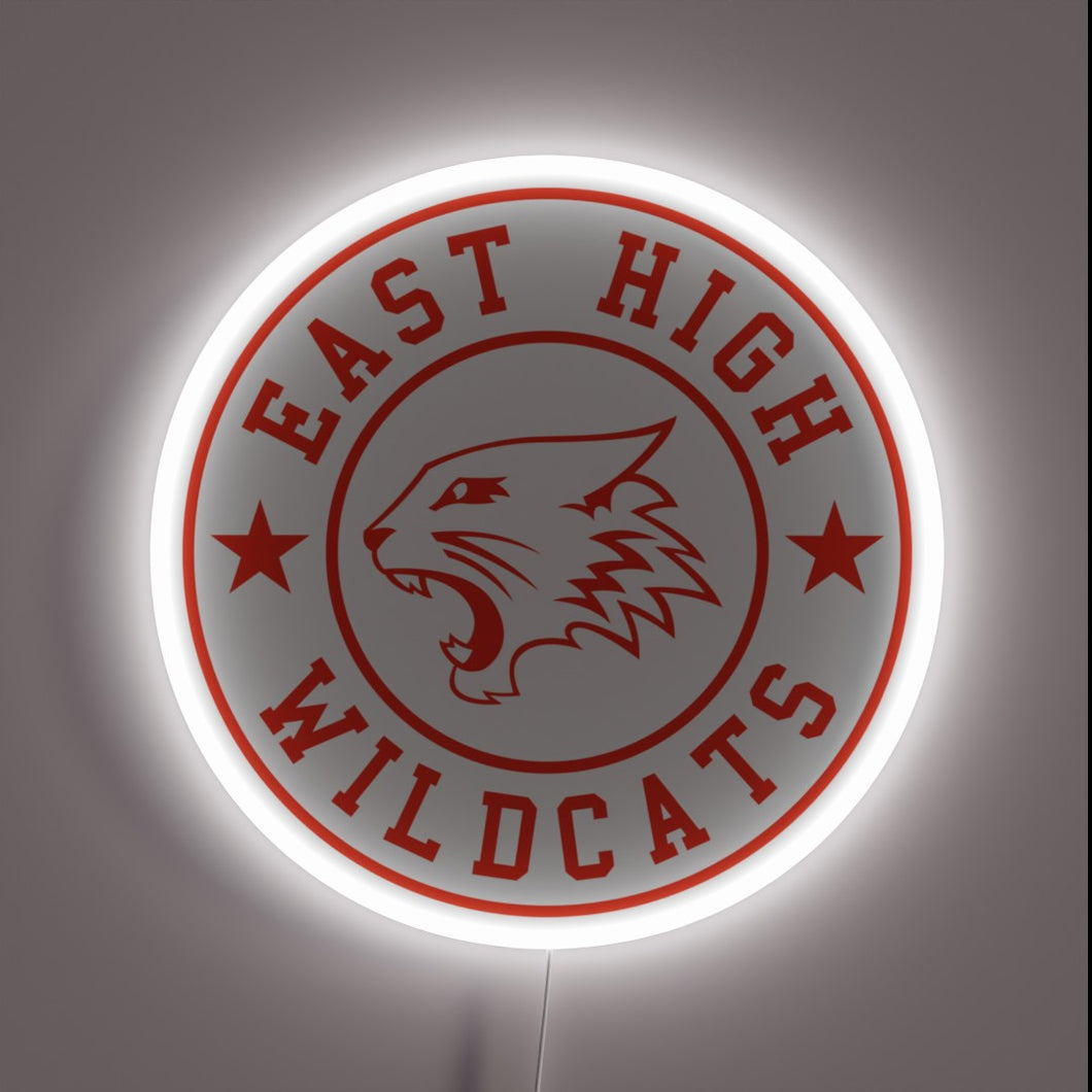 East High Wildcats neon sign – bold red and white High School Musical-inspired wall decor for fans, dorm rooms, or teen bedrooms
