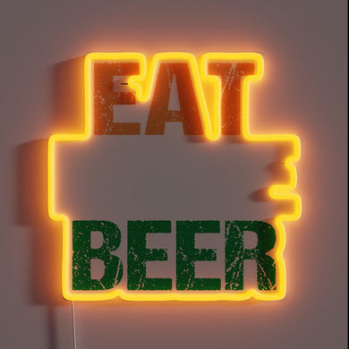 Brightly illuminated Eat More Beer sign in vibrant RGB glow