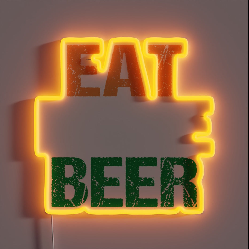 Brightly illuminated Eat More Beer sign in vibrant RGB glow