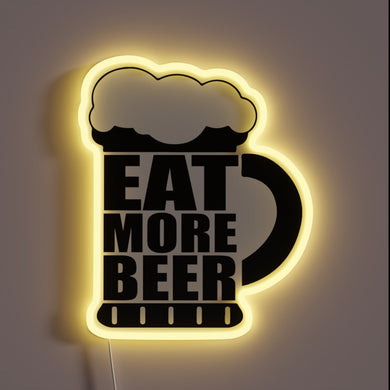 Neon illuminated 'Eat More Beer' sign with colorful RGB backlighting.