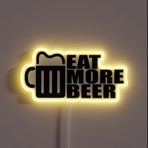 Glowing neon bar sign with bold 'Eat More Beer' lettering