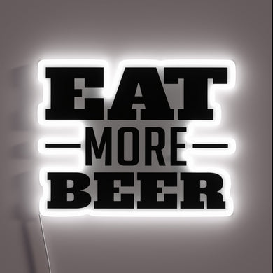 Colorful neon sign featuring Eat More Beer's iconic V6 logo.