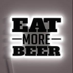 Colorful neon sign featuring Eat More Beer's iconic V6 logo.