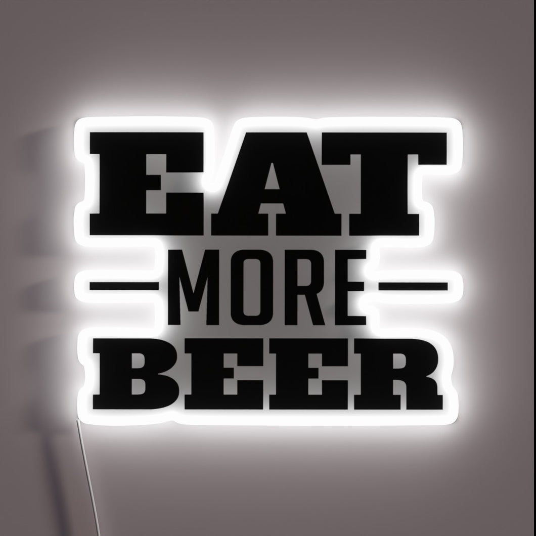 Colorful neon sign featuring Eat More Beer's iconic V6 logo.