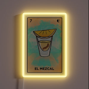 RGB neon sign featuring colorful agave-inspired design and mezcal branding.