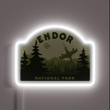 Load image into Gallery viewer, Endor National Park neon sign – Star Wars-themed wall decor with forest moon landscape and speeder bike silhouette for sci-fi fans, home theaters, or collectors