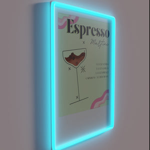 Brightly lit, vibrant neon bar decor for espresso lovers anywhere.