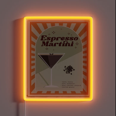 Neon bar sign featuring vibrant RGB colors for espresso martinis.