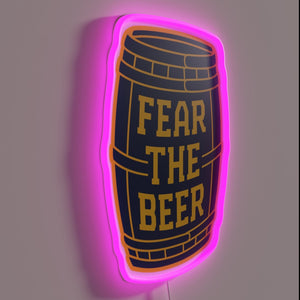 Vintage-inspired beer barrel warning sign in white navy RGB glow.