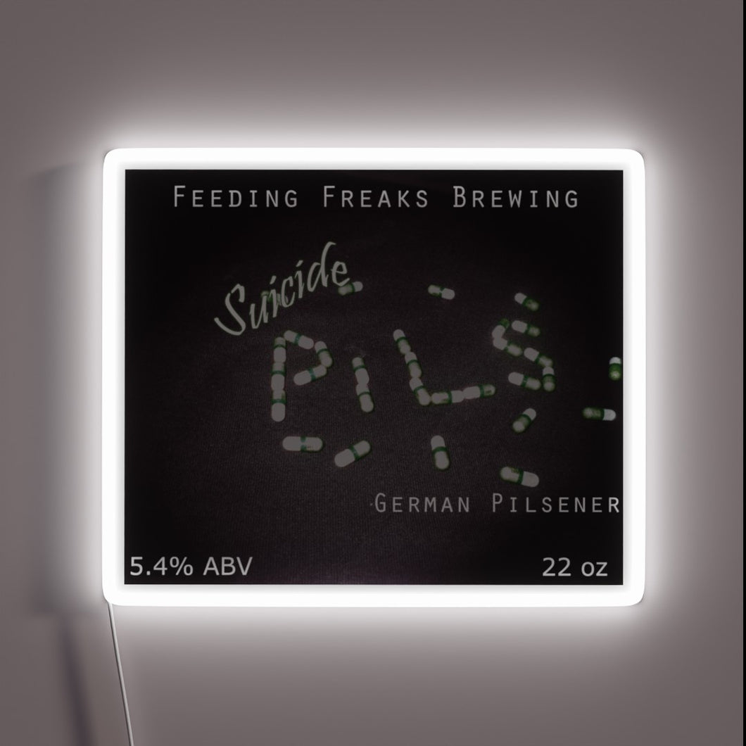 Neon LED sign featuring suicide pilsner beer in vibrant colors.
