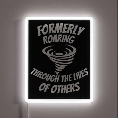 Vintage-inspired tornado warning neon sign in bold black background.