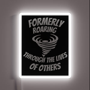 Vintage-inspired tornado warning neon sign in bold black background.